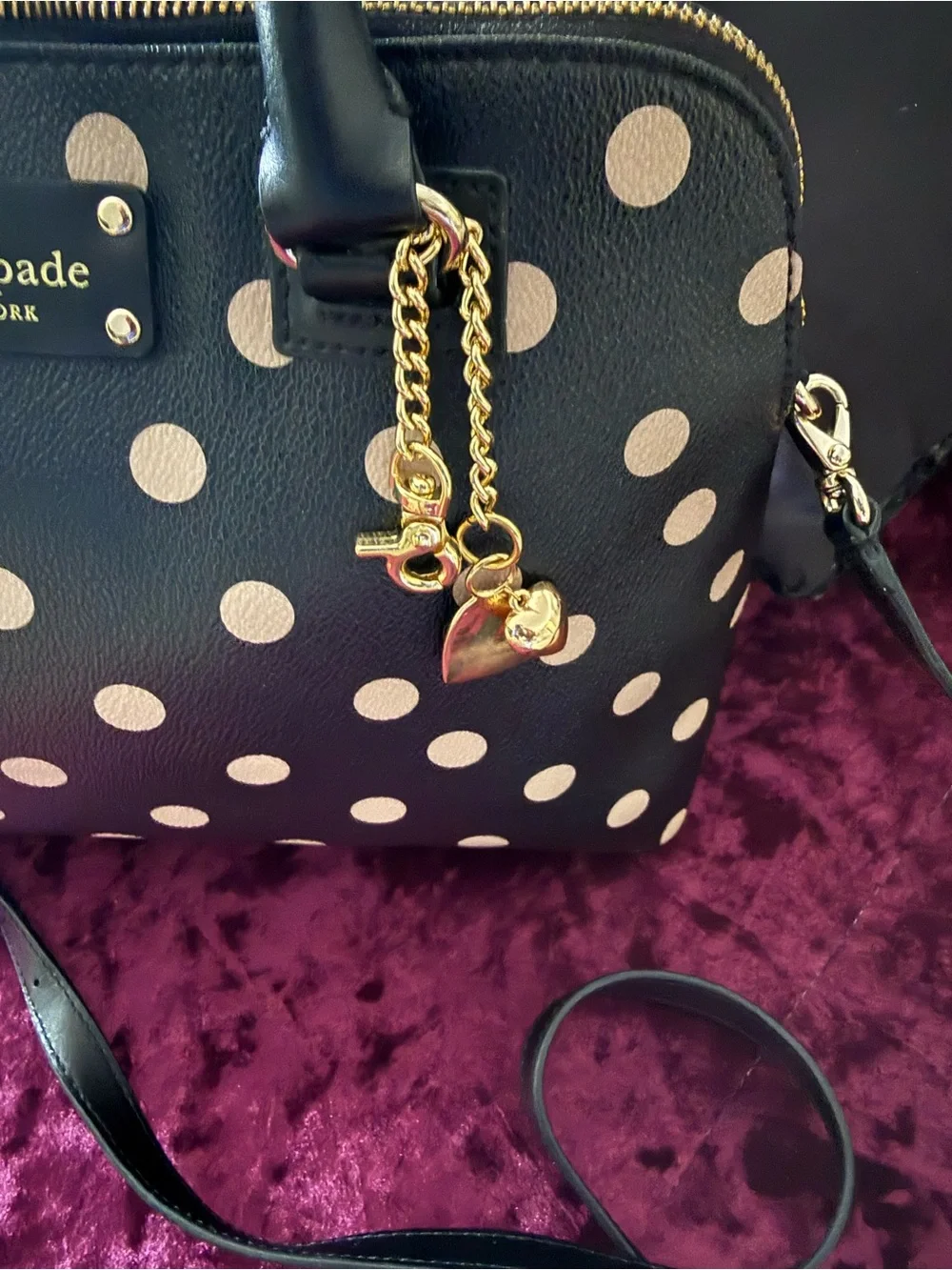 kate spade Black with Pink Polka Dot Dome Satchel with Gold Charm